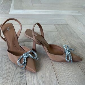 Zara Tan Silver Heels with Crystal Embellishment
